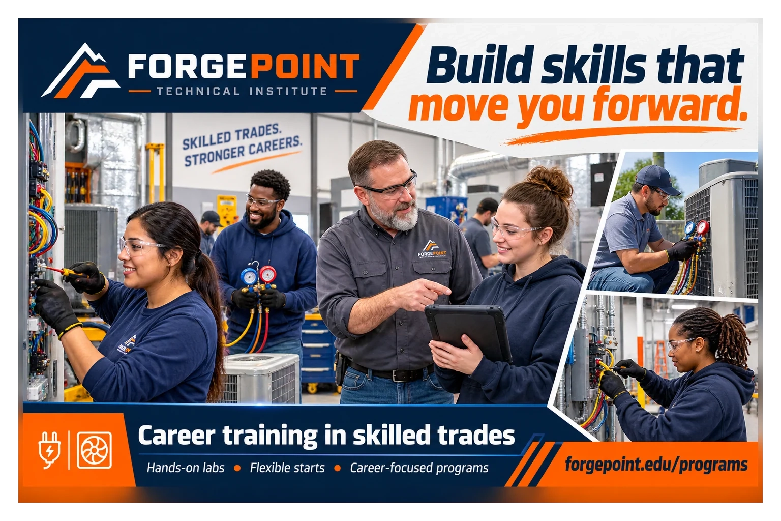 Recruitment mailer: build skills that move you forward; skilled trades, stronger careers; career training in skilled trades, hands-on labs, flexible starts, career-focused programs; the programs page’s address.