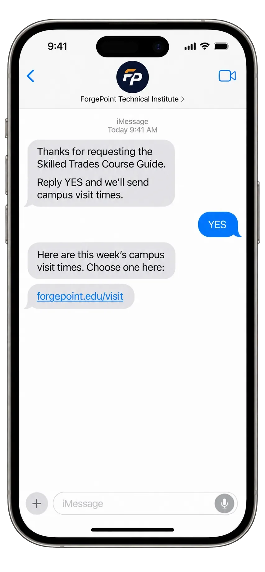 Course-guide follow-up text: thanks for requesting the skilled trades course guide, reply YES and we’ll send campus visit times; the YES; then this week’s campus visit times, the visit link.