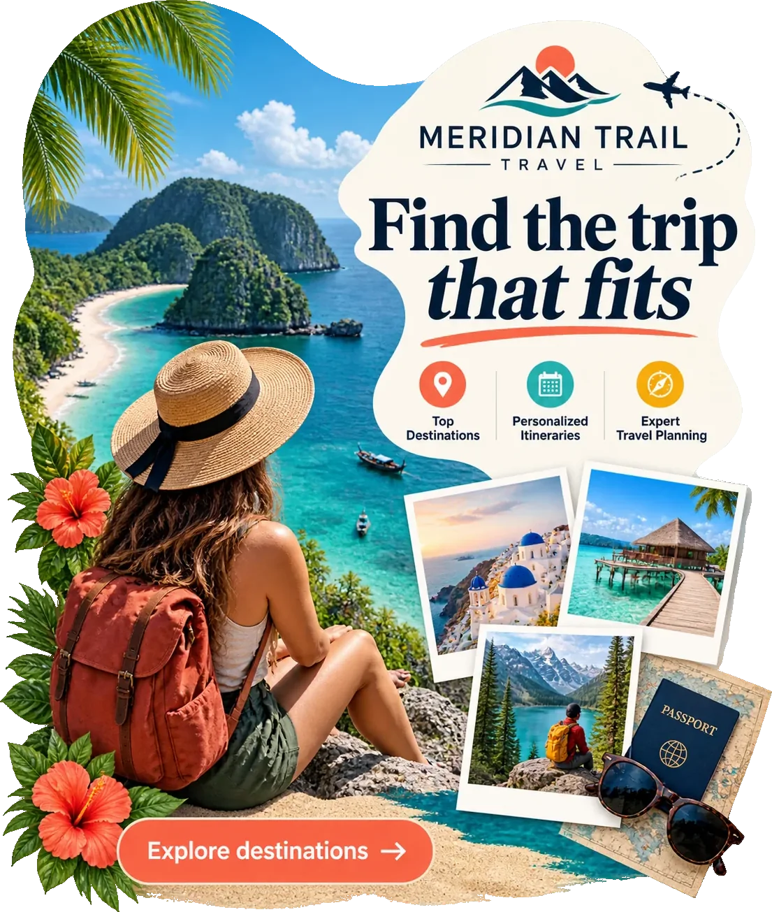 Destination carousel: find the trip that fits, under the agency’s own lockup, with top destinations, personalized itineraries and expert travel planning as three iconed marks above a set of destination frames, and explore destinations across the foot.