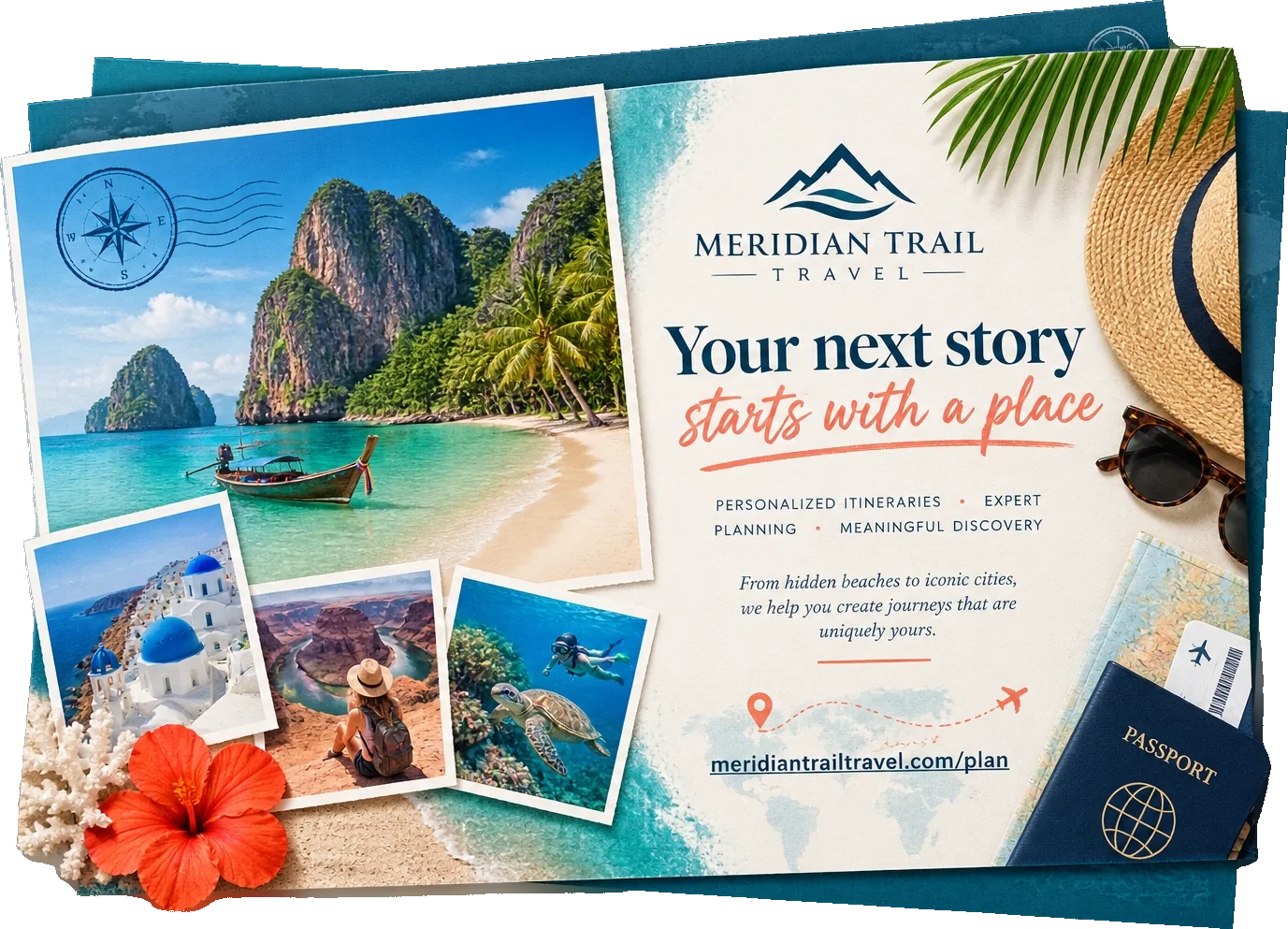 Destination postcard, front and back: your next story starts with a place, under the agency’s own lockup, with personalized itineraries, expert planning and meaningful discovery as three marks, from hidden beaches to iconic cities beneath them, and the agency’s own planning address at the foot.