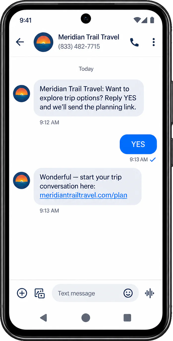 Lead follow-up thread: want to explore trip options, reply YES and we’ll send the planning link, then the YES and the agency’s own planning link.