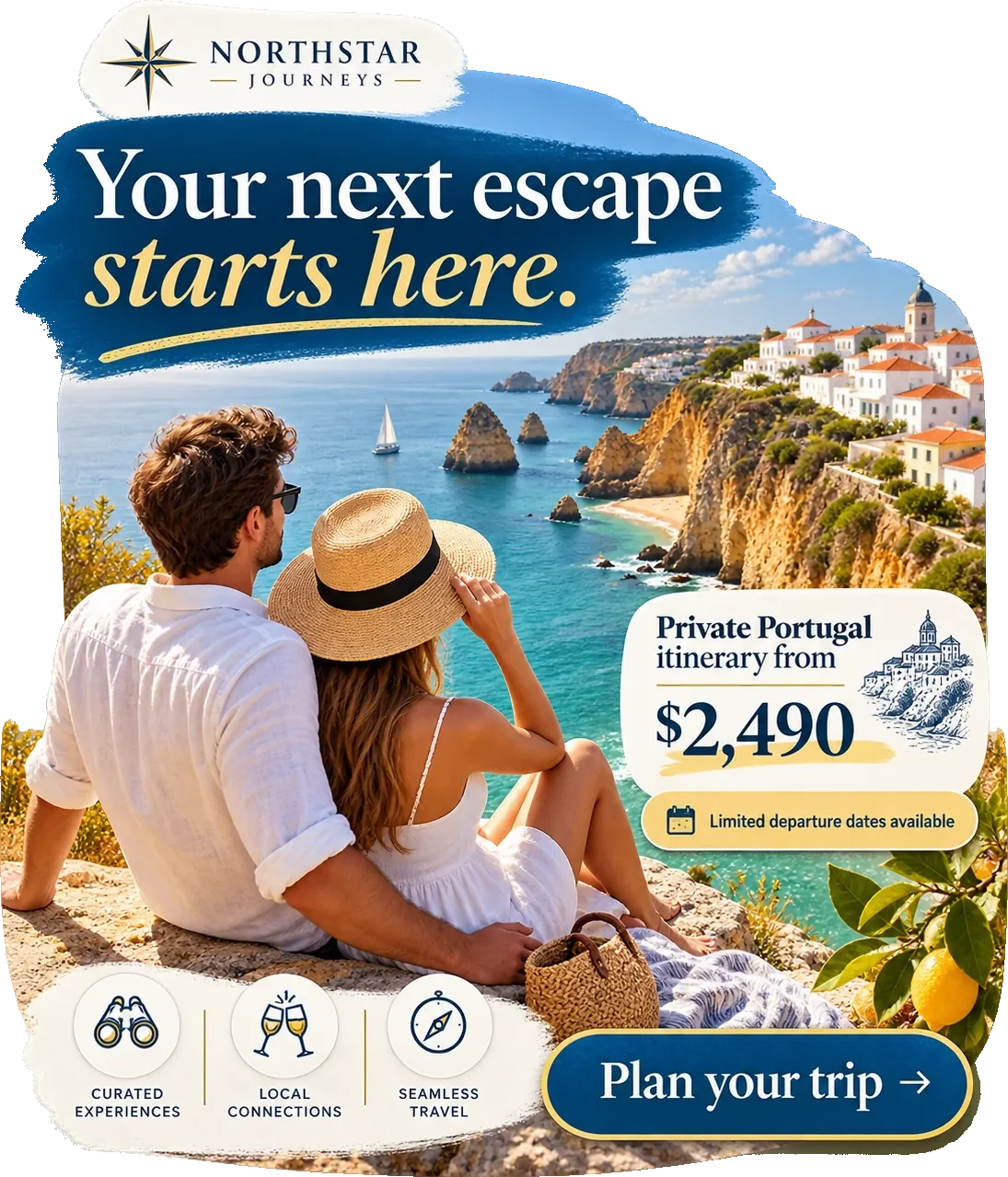 Destination-package feed unit: your next escape starts here, with curated experiences, local connections and seamless travel as three iconed marks, a private Portugal itinerary from-price on a badge beside them, limited departure dates available beneath it, and plan your trip across the foot.