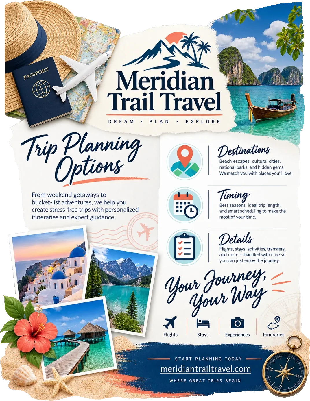 Package one-sheet: trip planning options, from weekend getaways to bucket-list adventures, with destinations, timing and details as three marked rows, flights, stays, experiences and itineraries across the foot, and the agency’s own web address beneath them.