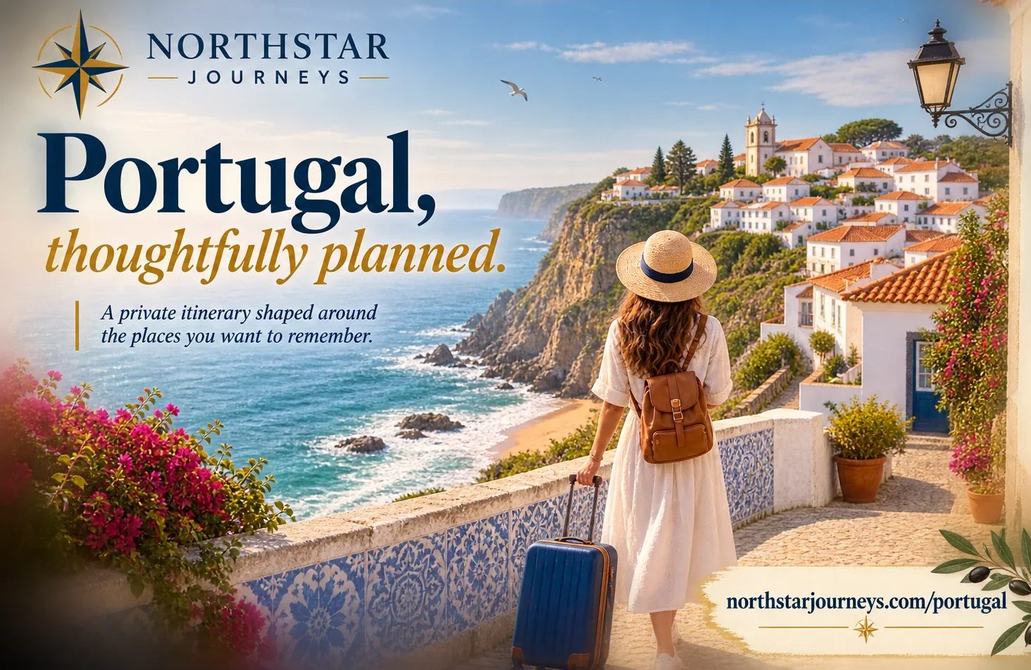 Personalized destination postcard: Portugal, thoughtfully planned, under the agency’s own compass lockup, with a private itinerary shaped around the places you want to remember beneath it and the agency’s own destination address across the foot.