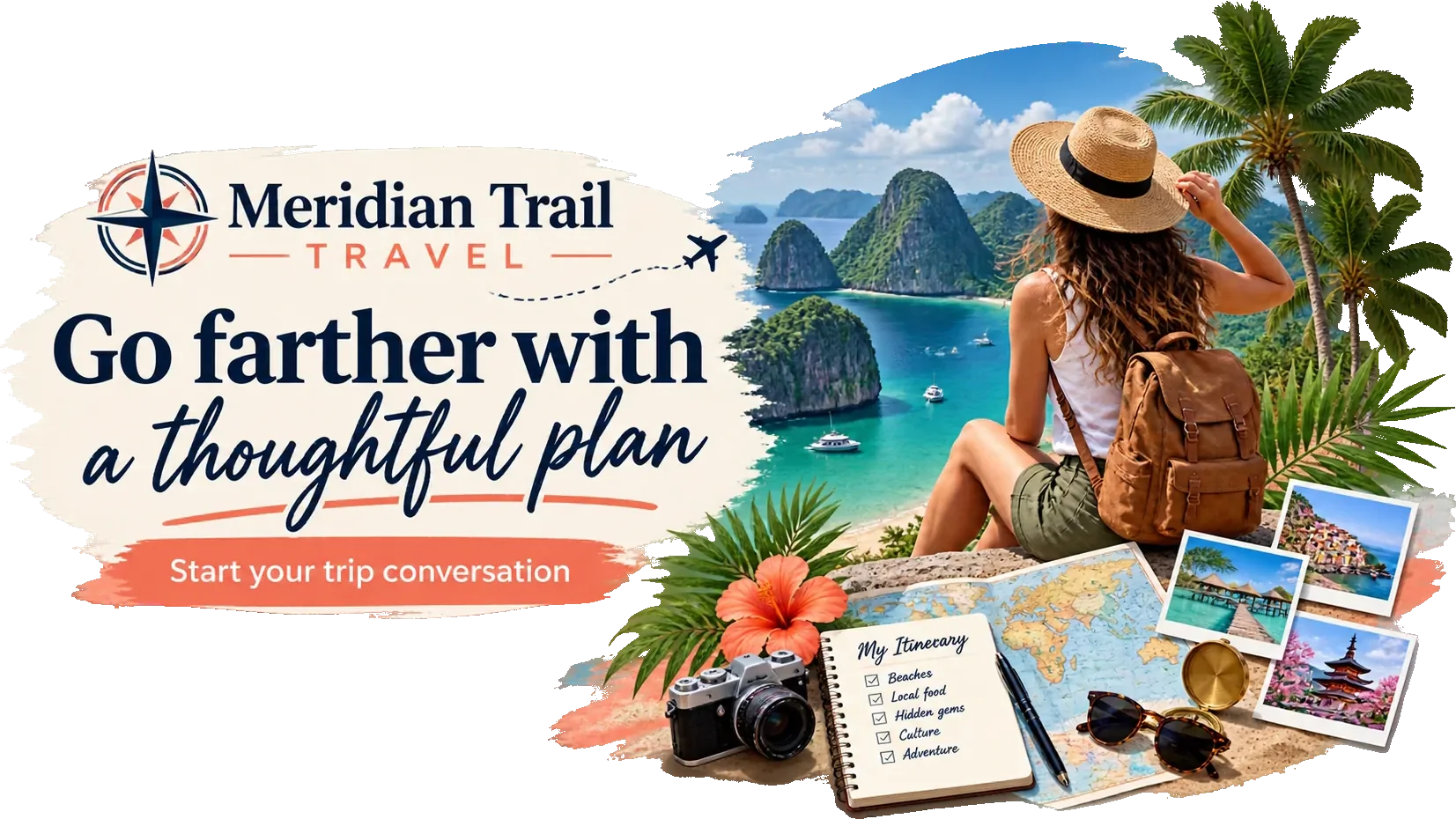 Where the thread’s planning link leads: go farther with a thoughtful plan, under the agency’s own lockup, with start your trip conversation beneath it and an itinerary of beaches, local food, hidden gems, culture and adventure ticked beside it.