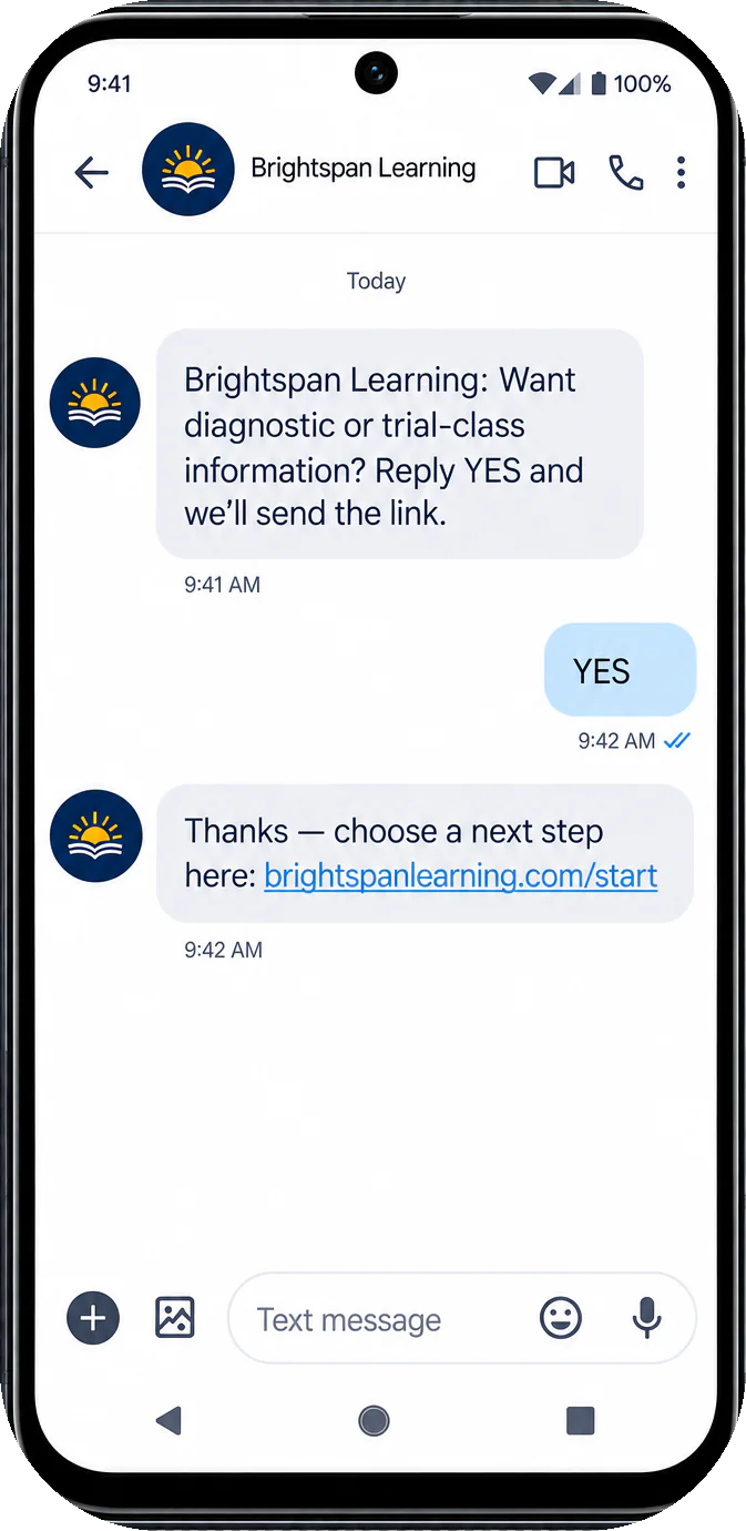 Inquiry follow-up text: want diagnostic or trial-class information, reply YES and we’ll send the link; the YES; then choose a next step here, the start page’s link.