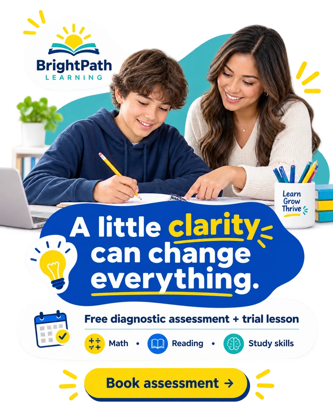 Diagnostic-assessment lead ad: a little clarity can change everything; free diagnostic assessment plus trial lesson; math, reading, study skills; book assessment.