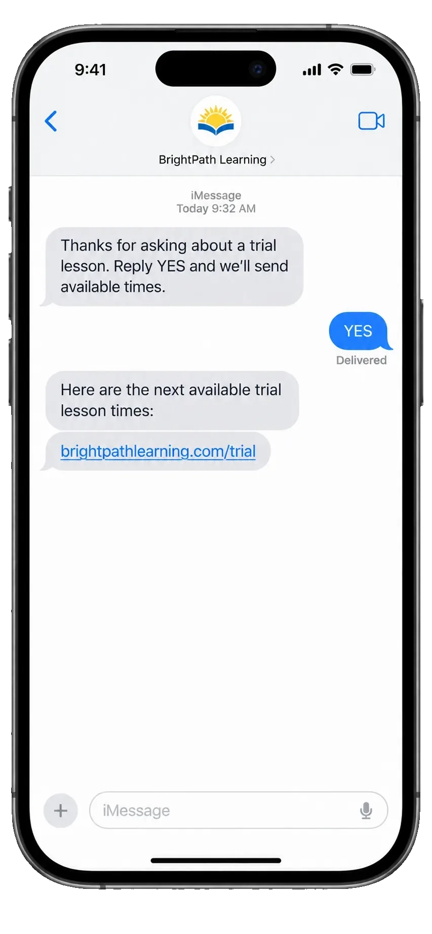 Trial-lesson follow-up text: thanks for asking about a trial lesson, reply YES and we’ll send available times; the YES; then the next available trial lesson times, the trial page’s link.