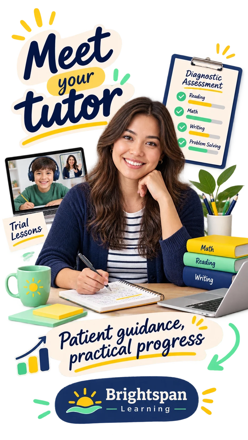 Tutor-profile Reel: meet your tutor; trial lessons; the tutor at her desk with a student on the laptop screen; the center’s name at the foot.
