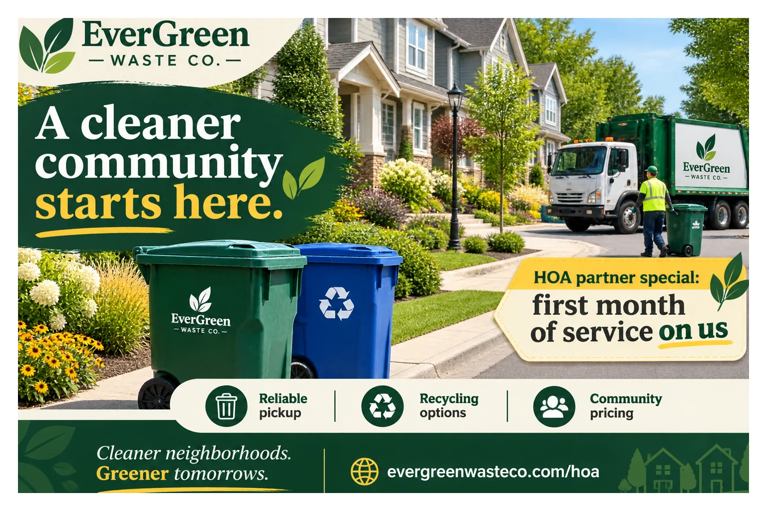 HOA and condo association postcard: a cleaner community starts here; the hauler’s own partner special, a first month of service on us; reliable pickup, recycling options, community pricing.