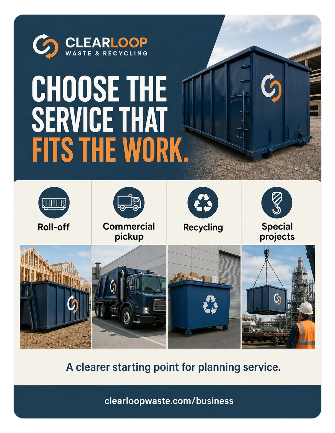 Commercial service comparison one-sheet: choose the service that fits the work; roll-off, commercial pickup, recycling and special projects side by side.