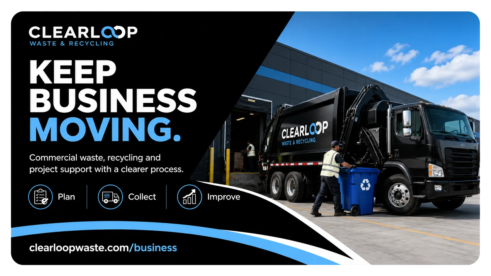 Where the commercial side of the campaign lands: keep business moving; commercial waste, recycling and project support with a clearer process; plan, collect, improve.