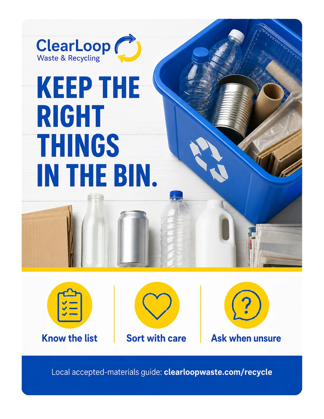 Recycling contamination mailer: keep the right things in the bin; know the list, sort with care, ask when unsure; the local accepted-materials guide address.