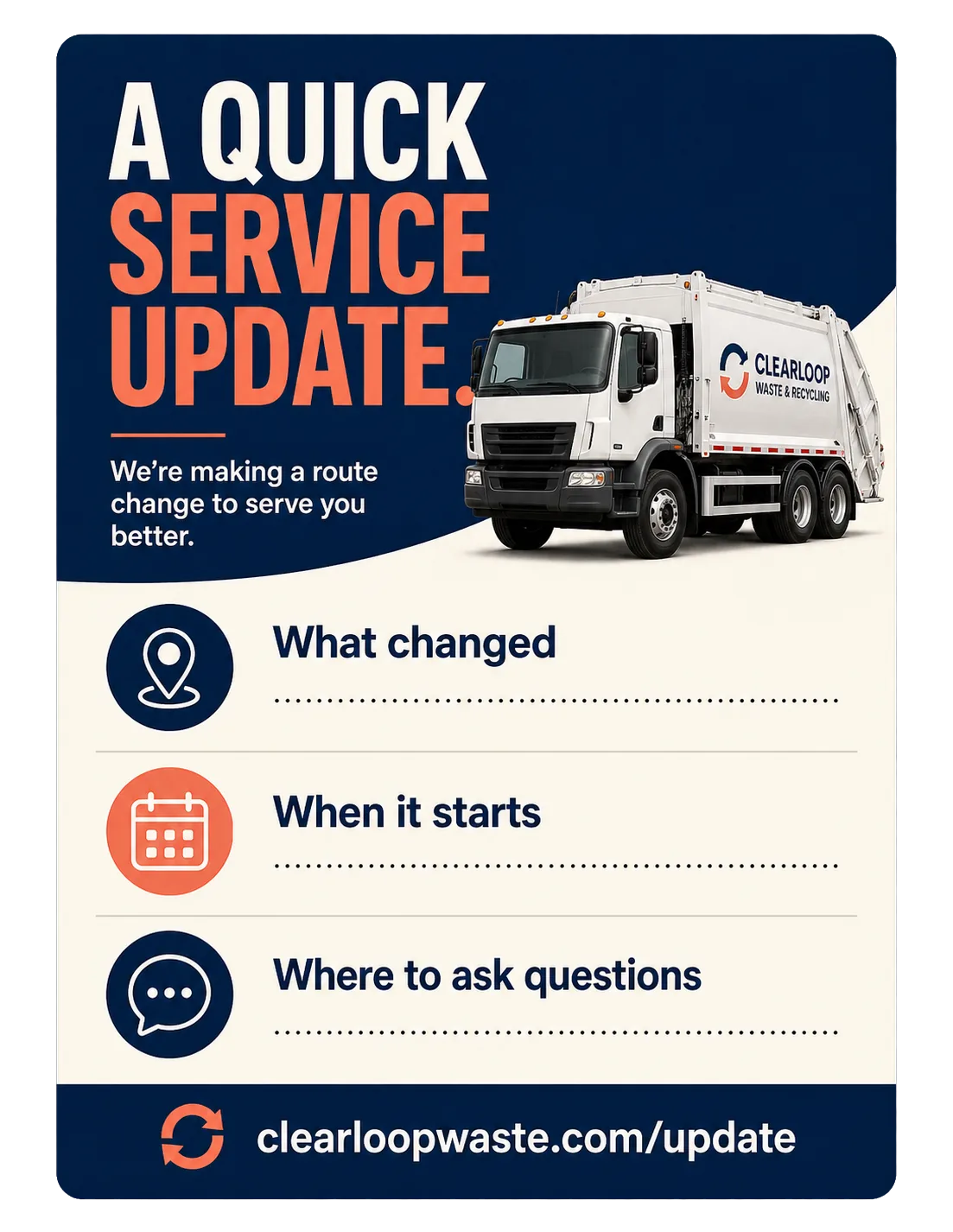 Route-change notice: a quick service update, a route change to serve you better; what changed, when it starts, where to ask questions, each left as a blank rule.