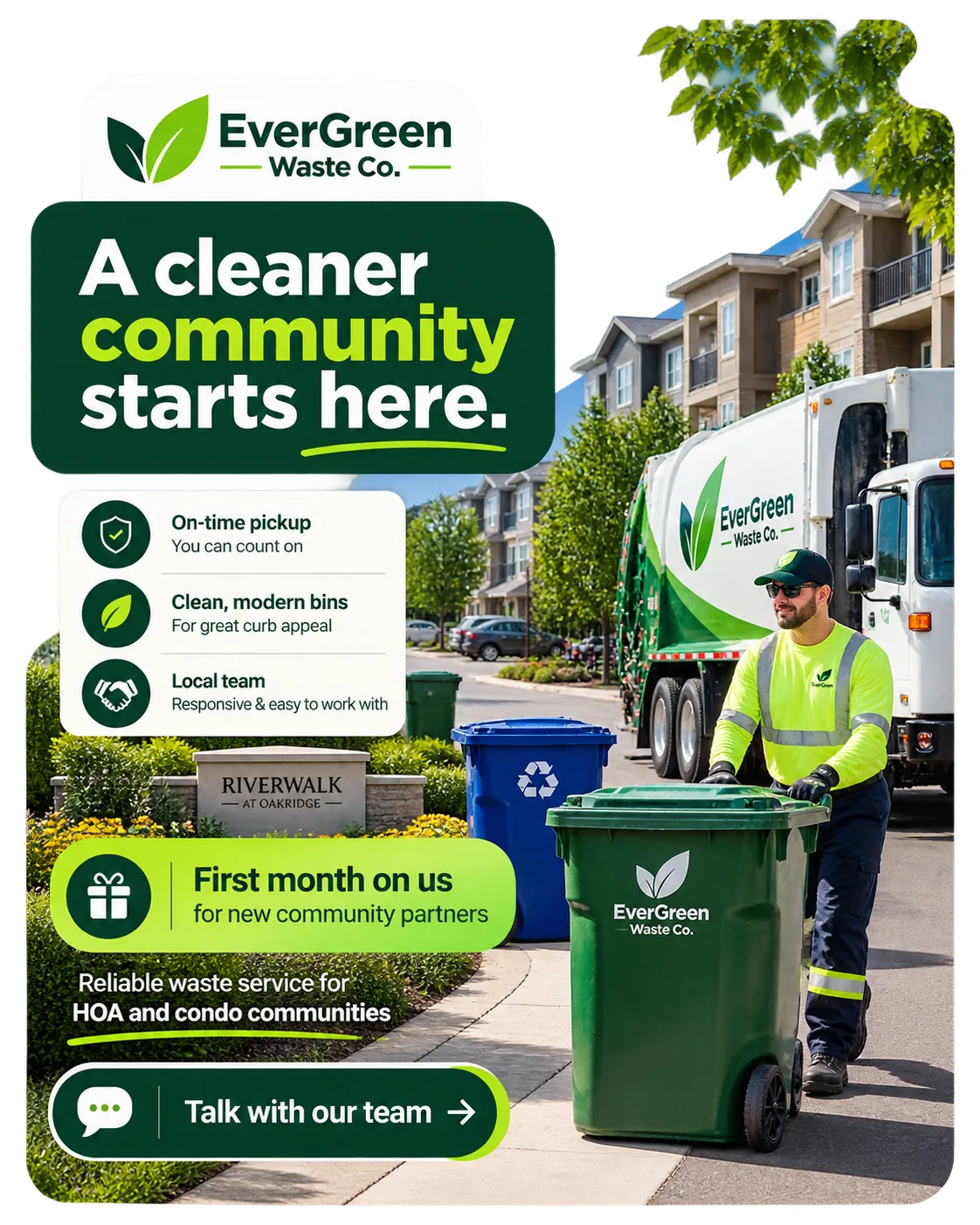 Matched feed unit: a cleaner community starts here; on-time pickup, clean modern bins, a local team; the same first month on us the postcard carries; talk with our team.