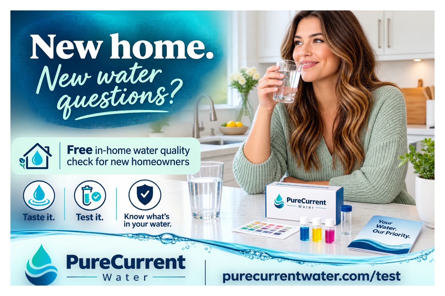 New-homeowner postcard: new home, new water questions, a free in-home water quality check.