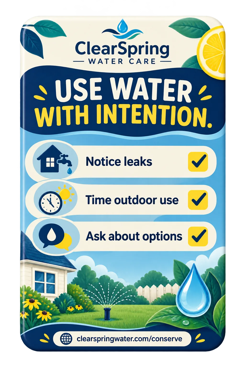 Conservation checklist magnet: notice leaks, time outdoor use, ask about options.