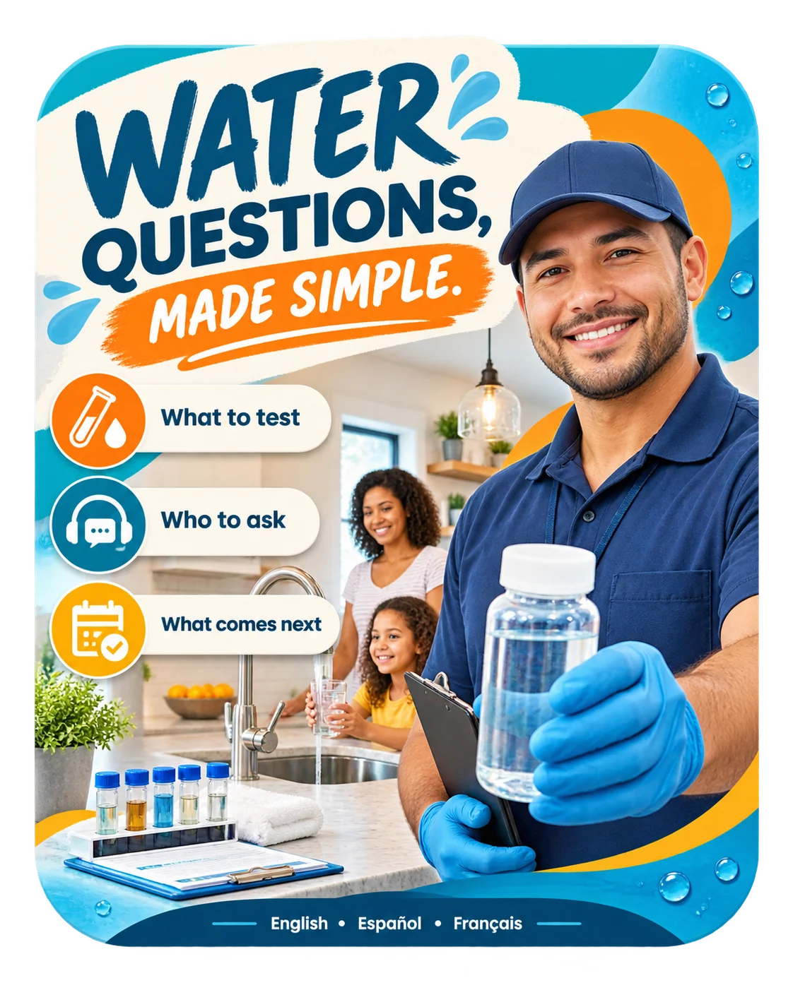 Multilingual water-quality FAQ card: what to test, who to ask, what comes next.
