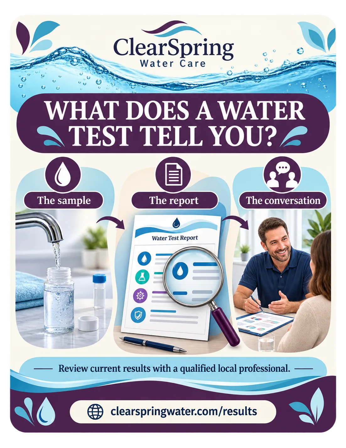 Test-results explainer: the sample, the report, then the conversation with a qualified local professional.
