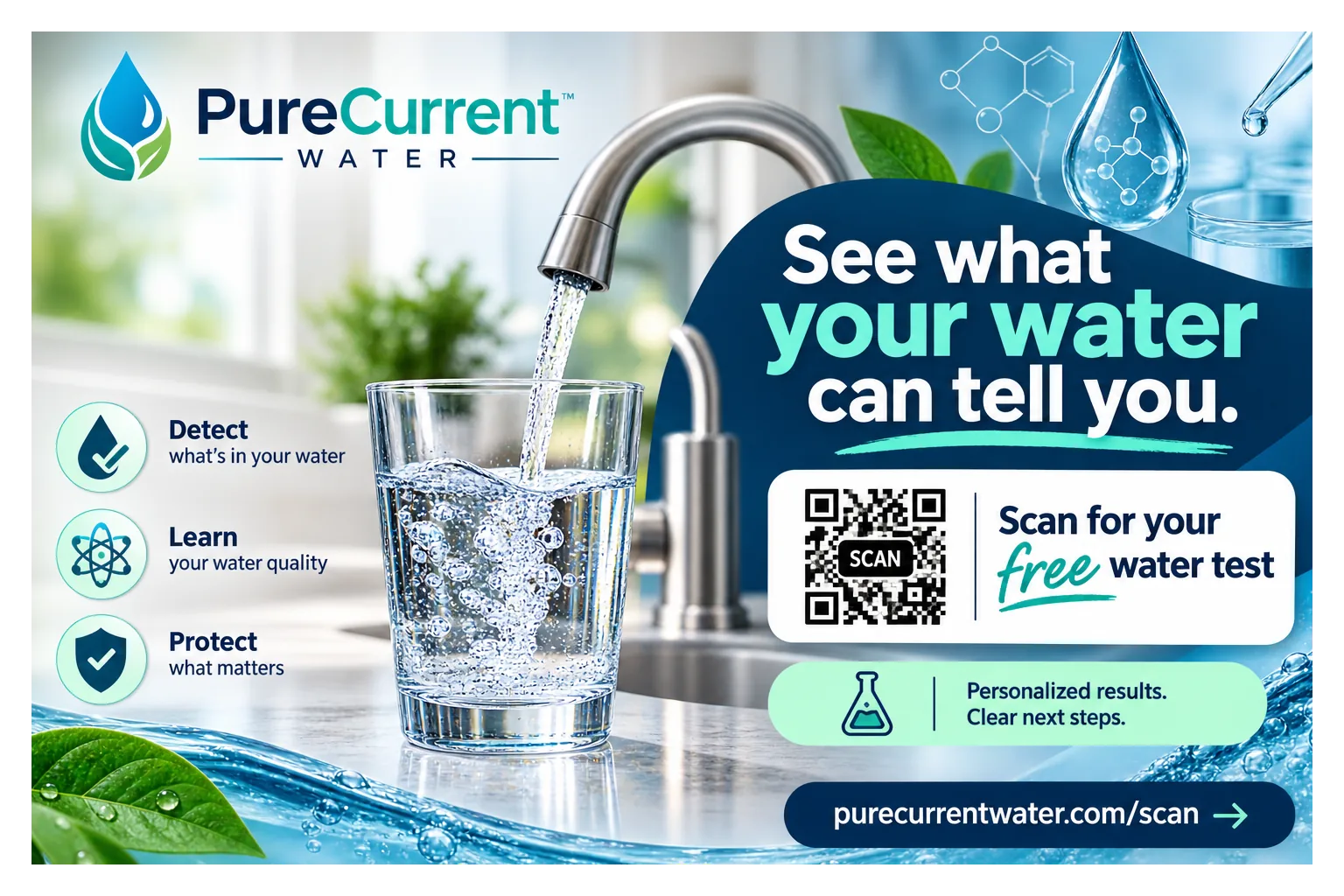 QR-code postcard: scan for your free water test, personalized results, clear next steps.