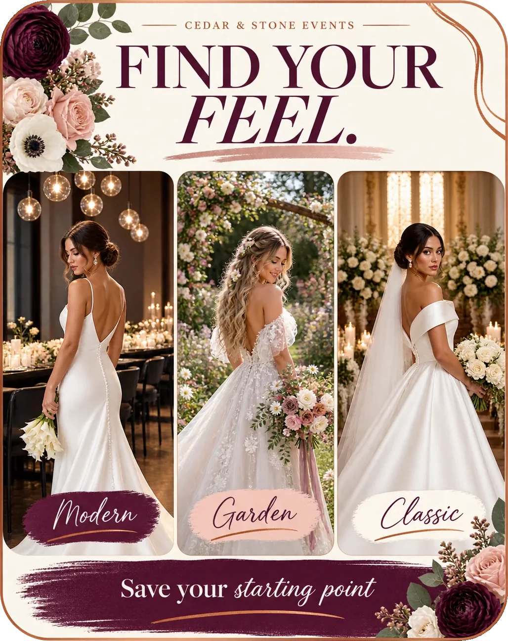 Bridal-inspiration carousel: find your feel, under the vendor’s own lockup, with modern, garden and classic as three named panels and save your starting point on a band across the foot.