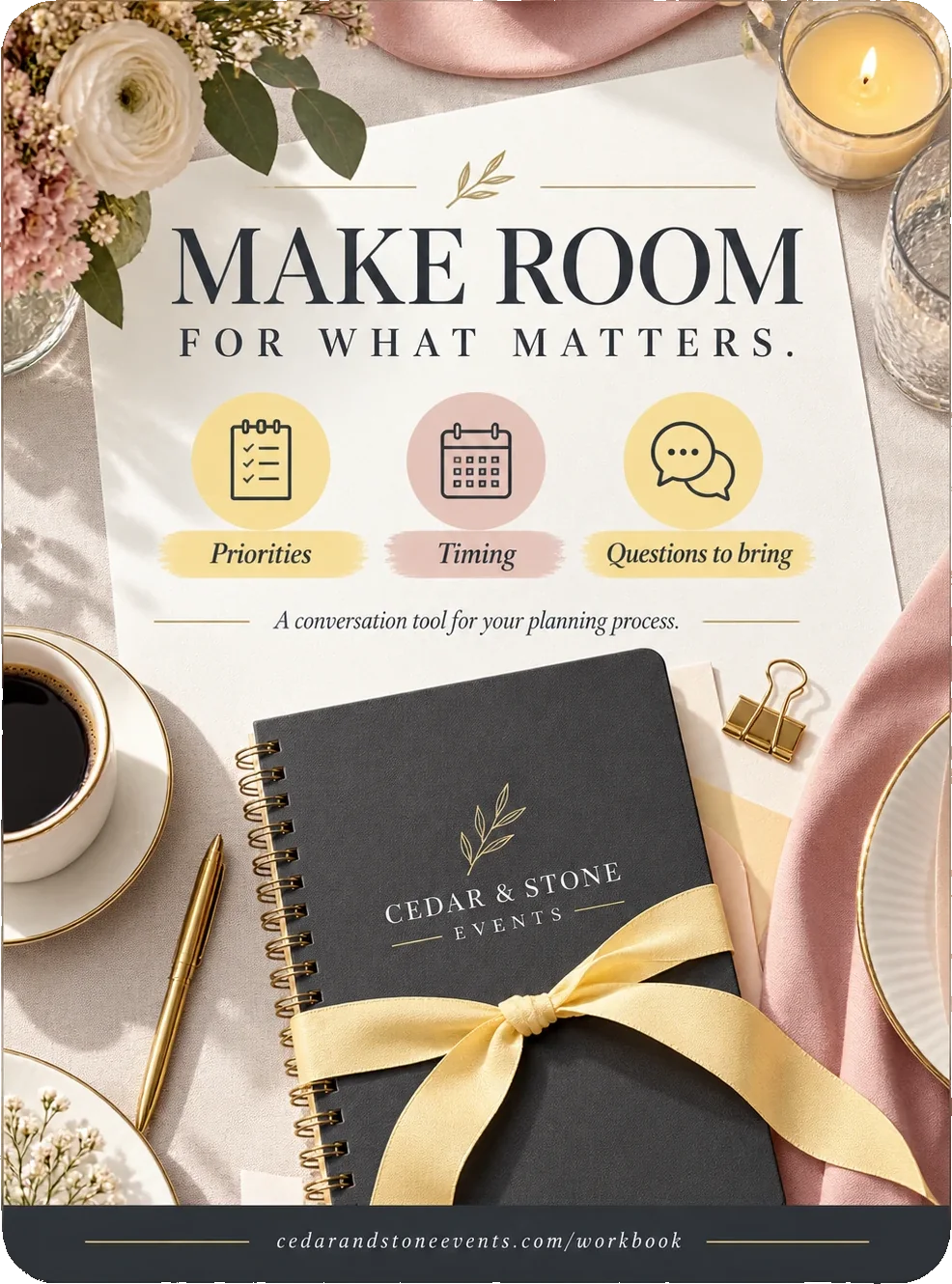Consultation workbook: make room for what matters, with priorities, timing and questions to bring as three iconed marks, a conversation tool for your planning process beneath them, the vendor’s own ribboned notebook on the table and its workbook address across the foot.