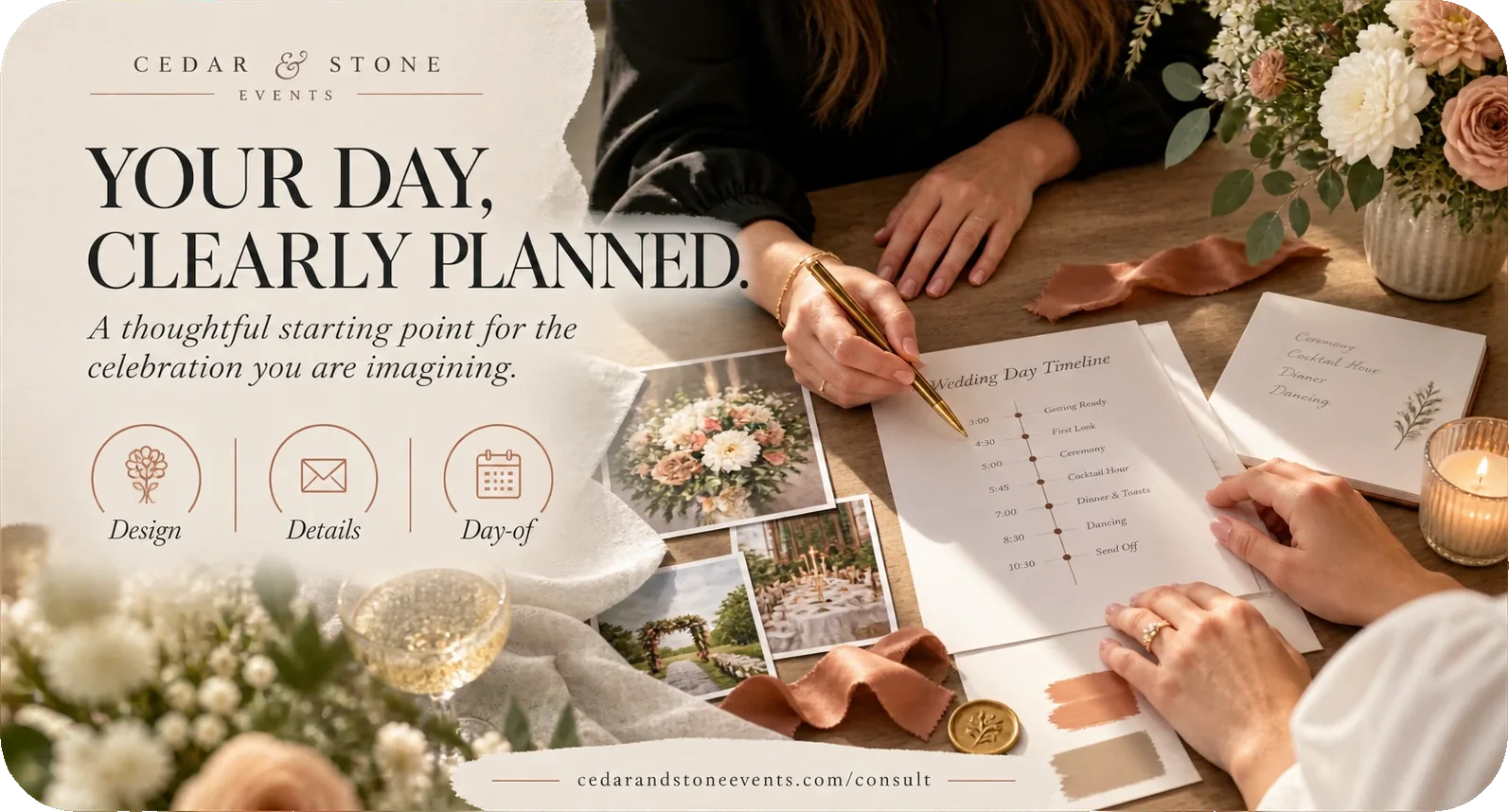 Where the inquiry campaign sends people: your day, clearly planned, a thoughtful starting point for the celebration you are imagining, under the vendor’s own lockup, with design, details and day-of as three iconed marks and a wedding-day timeline being written beside them.