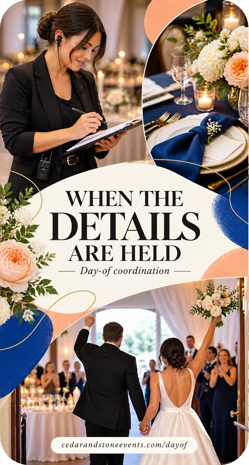 Day-of coordination Reel: when the details are held, day-of coordination, the coordinator at work with a laid table beside her and the couple entering the room beneath, and the vendor’s own day-of address on a pill at the foot.
