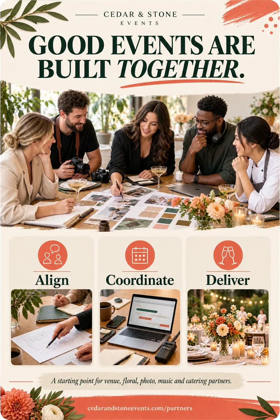 Vendor-partner one-sheet: good events are built together, under the vendor’s own lockup, the partners around one table, with align, coordinate and deliver as three panels, a starting point for venue, floral, photo, music and catering partners beneath them, and the vendor’s own partners address at the foot.