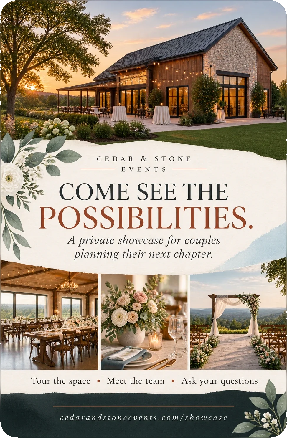 Venue open-house mailer: come see the possibilities, a private showcase for couples planning their next chapter, under the vendor’s own lockup, with the room, a laid table and a ceremony arch beneath it, tour the space, meet the team and ask your questions across the foot, and the vendor’s own showcase address below them.