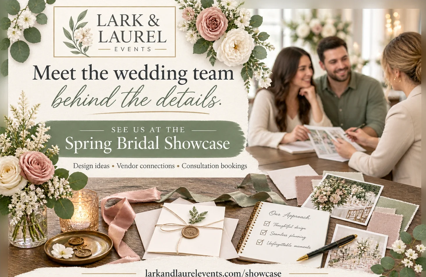 Bridal-show postcard: meet the wedding team behind the details, under the vendor’s own lockup, with the showcase it will be at named on a band beneath it, design ideas, vendor connections and consultation bookings across a rule below that, and the vendor’s own showcase address at the foot.