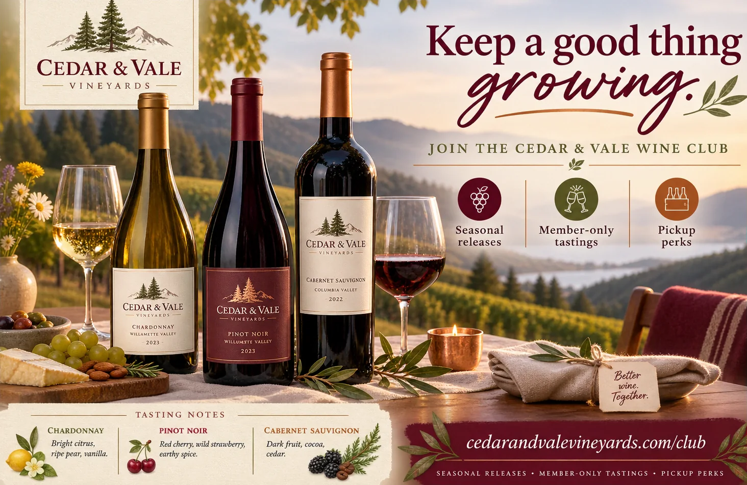 Wine-club postcard: keep a good thing growing, join the winery’s own wine club, under its lockup, with seasonal releases, member-only tastings and pickup perks as three iconed marks, tasting notes for three of its wines along the foot, and the winery’s own club address on a band below them.