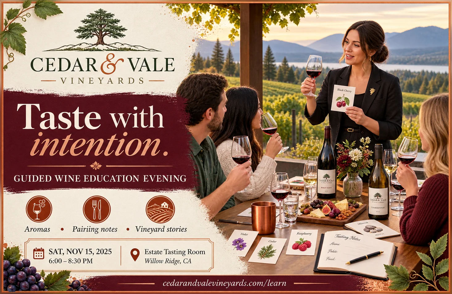 Guided wine-education invitation: taste with intention, a guided wine education evening, under the winery’s own lockup, with aromas, pairing notes and vineyard stories as three iconed marks, a dated line and the estate tasting room beside it, and the winery’s own learning address across the foot.