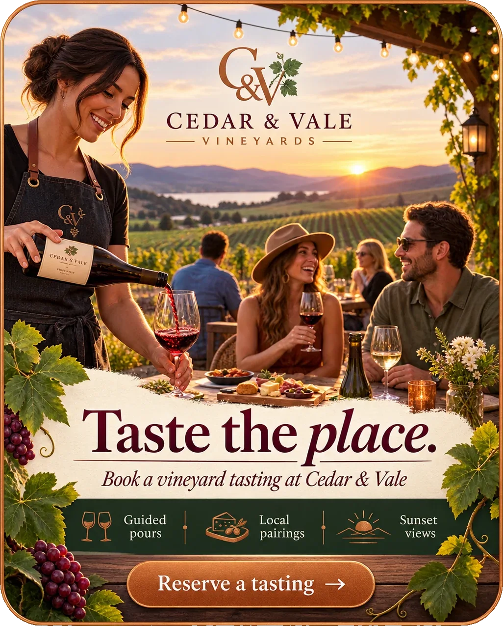 Tasting-room feed unit: taste the place, book a vineyard tasting at the winery, under its own lockup, with guided pours, local pairings and sunset views as three iconed marks, and reserve a tasting across the foot.