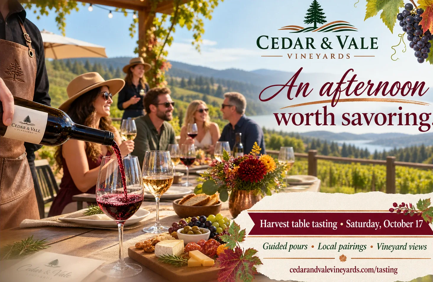 Tasting postcard: an afternoon worth savoring, under the winery’s own lockup, with the tasting’s own name and a dated line on a band beneath it, guided pours, local pairings and vineyard views across a rule below that, and the winery’s own tasting address at the foot.