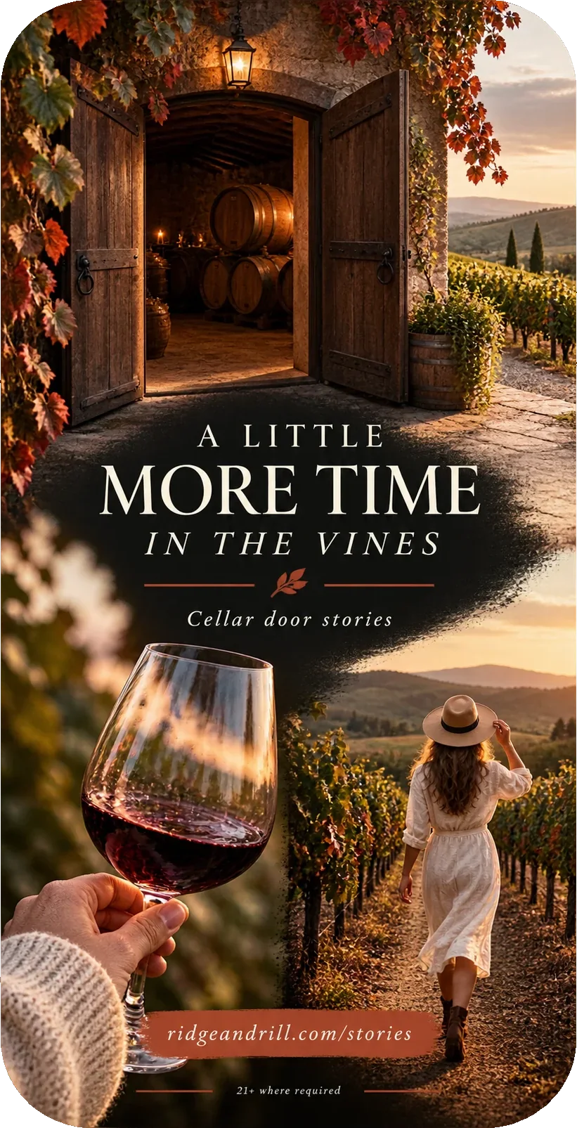 Cellar-door Reel: a little more time in the vines, cellar door stories, the cellar doors standing open onto the barrels with the vineyard beyond, and the winery’s own stories address on a pill at the foot above its age line.
