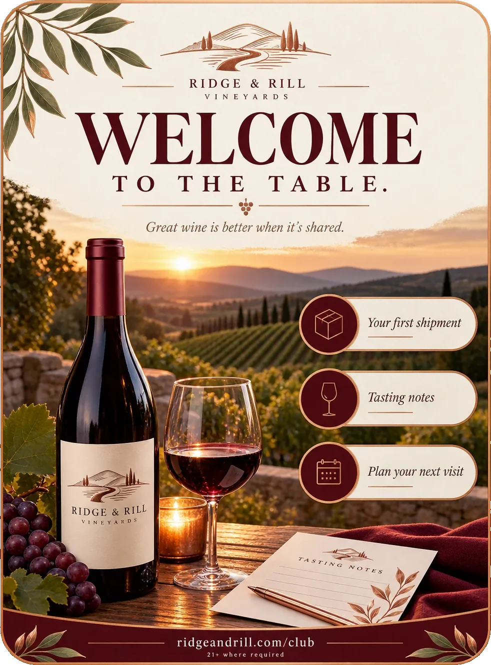 Wine-club welcome kit: welcome to the table, great wine is better when it’s shared, under the winery’s own lockup, with your first shipment, tasting notes and plan your next visit as three marked rows, a tasting-notes card on the table beside them, and the winery’s own club address at the foot.