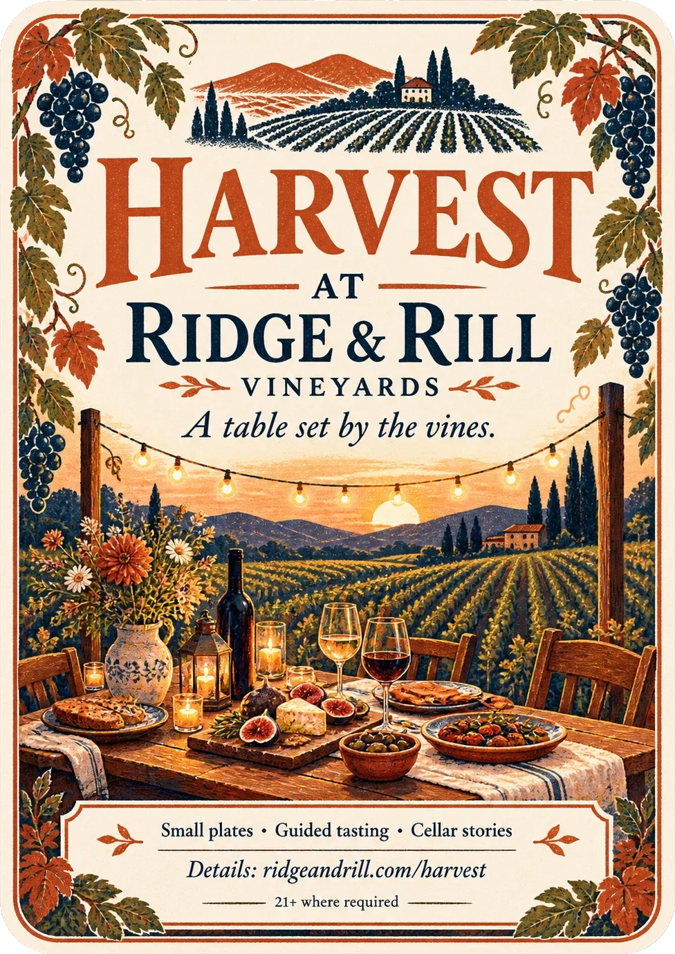 Vineyard-event invitation: the event’s own name over the winery’s, a table set by the vines, with the vineyard at dusk beneath it, small plates, guided tasting and cellar stories across a rule, the winery’s own event address below them and its age line at the foot.