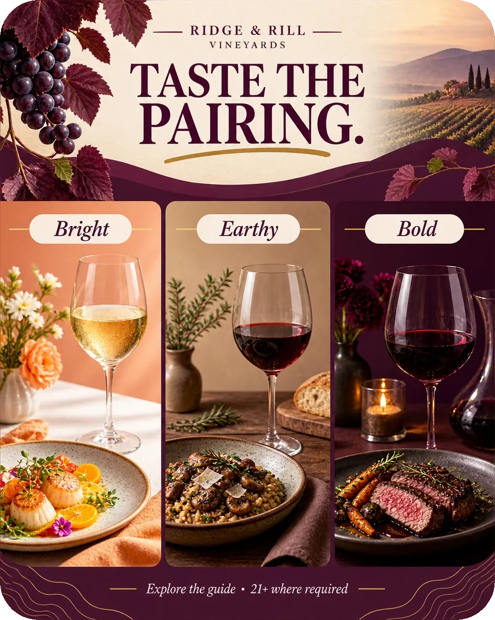Pairing-education carousel: taste the pairing, under the winery’s own lockup, with bright, earthy and bold as three named panels each over its own plate, and explore the guide with its age line across the foot.