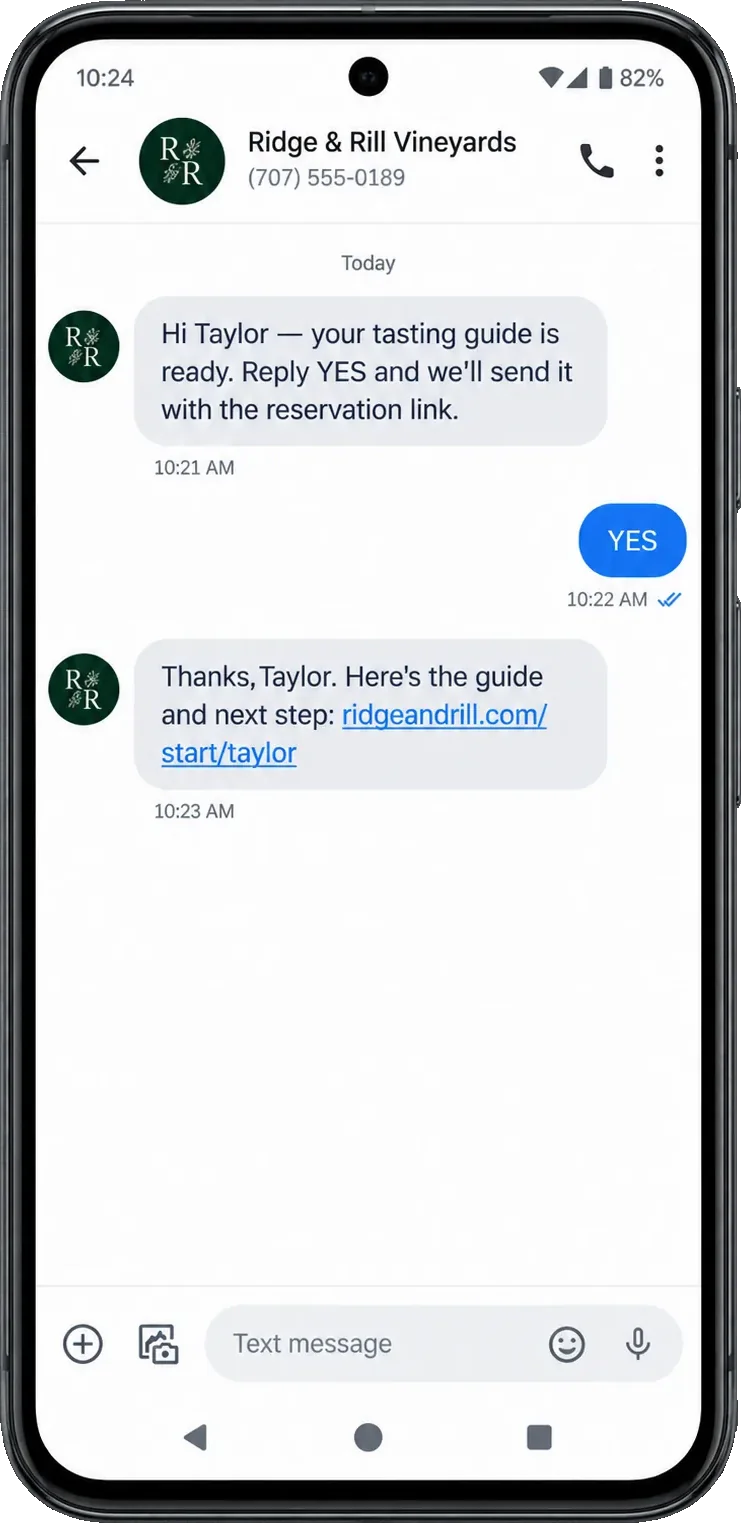 Reservation follow-up thread, addressed by first name: your tasting guide is ready, reply YES and we’ll send it with the reservation link, then the YES and the winery’s own start link.