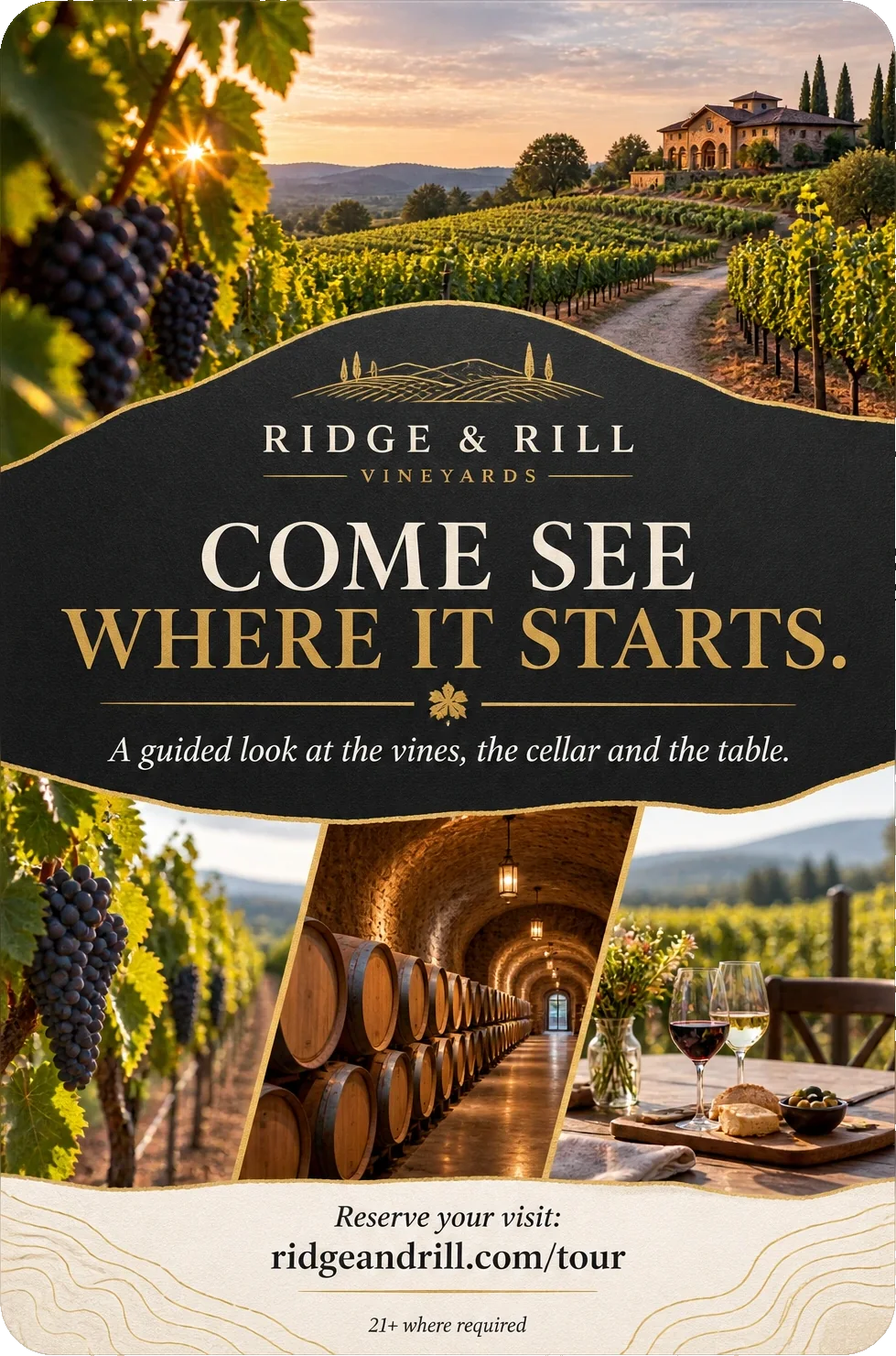 Vineyard-tour postcard: come see where it starts, a guided look at the vines, the cellar and the table, under the winery’s own lockup, with the vines, the barrel cellar and a laid table beneath it, reserve your visit above the winery’s own tour address, and its age line at the foot.
