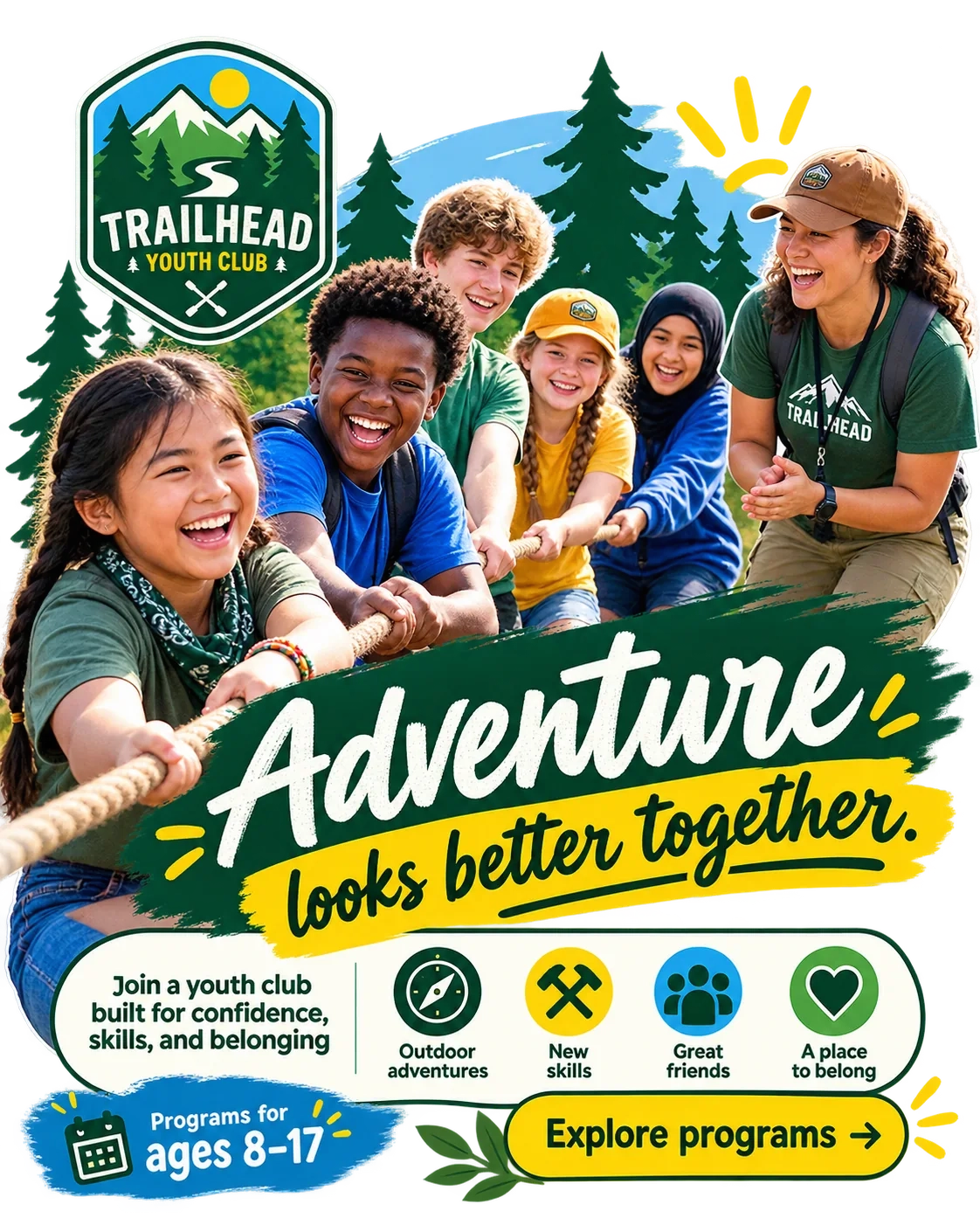 Recruitment feed unit: adventure looks better together; join a youth club built for confidence, skills and belonging; outdoor adventures, new skills, great friends, a place to belong; explore programs.