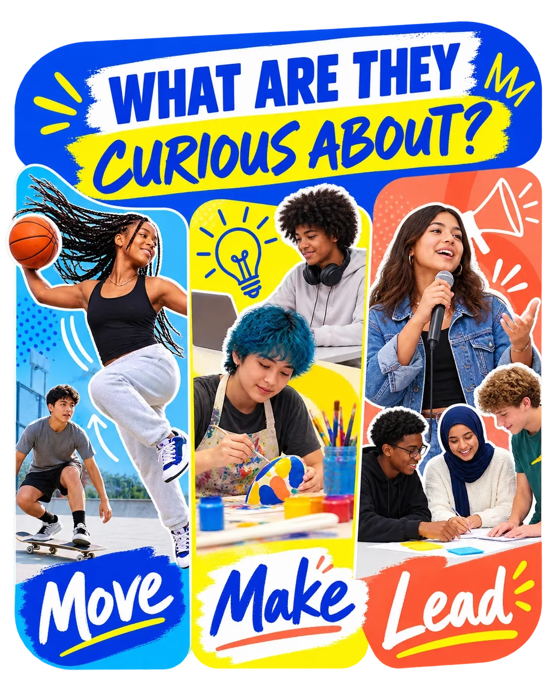 Local-program carousel card: what are they curious about; move, make, lead.