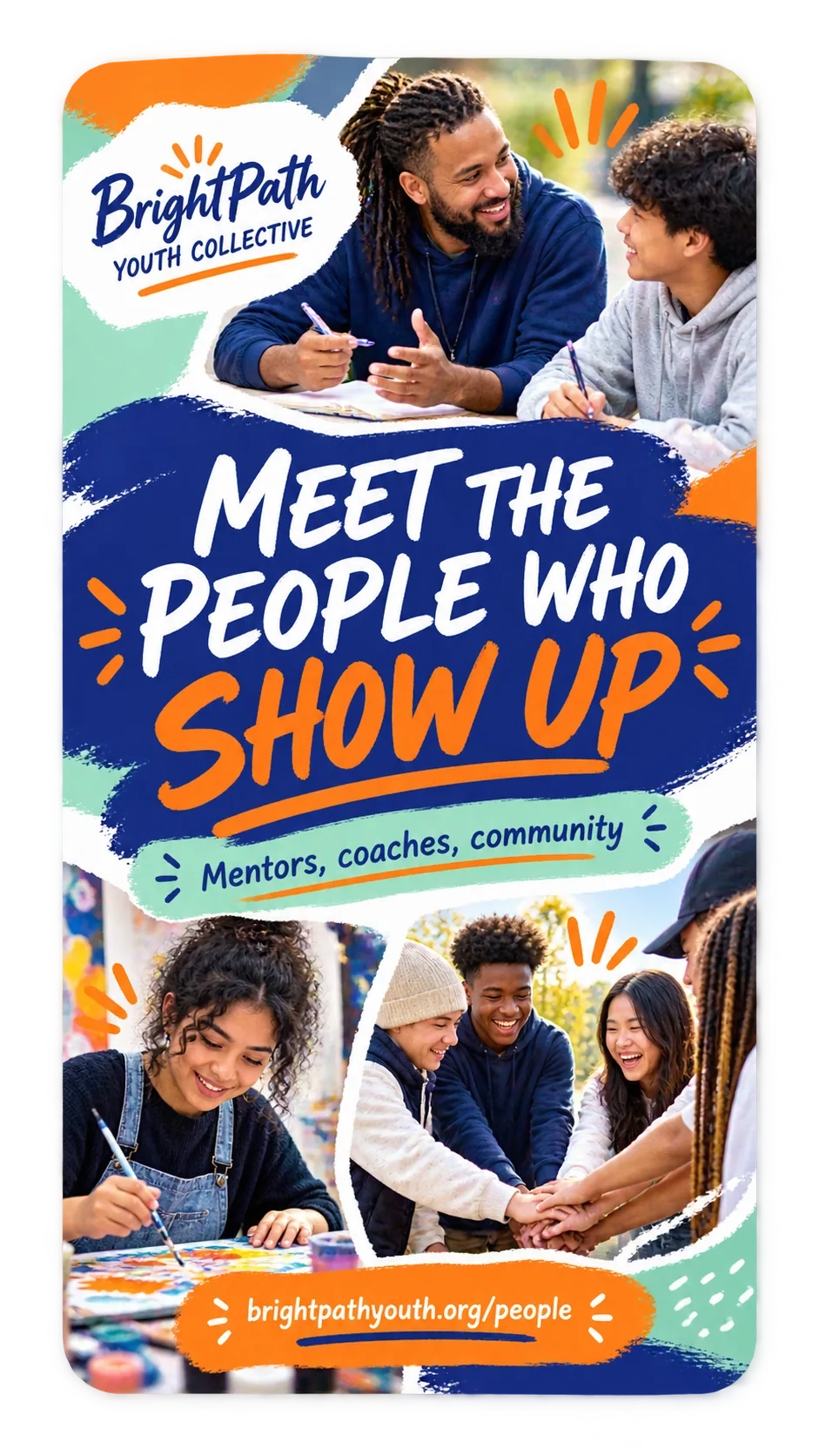 Mentor and coach introduction Reel: meet the people who show up; mentors, coaches, community; the people page’s address.