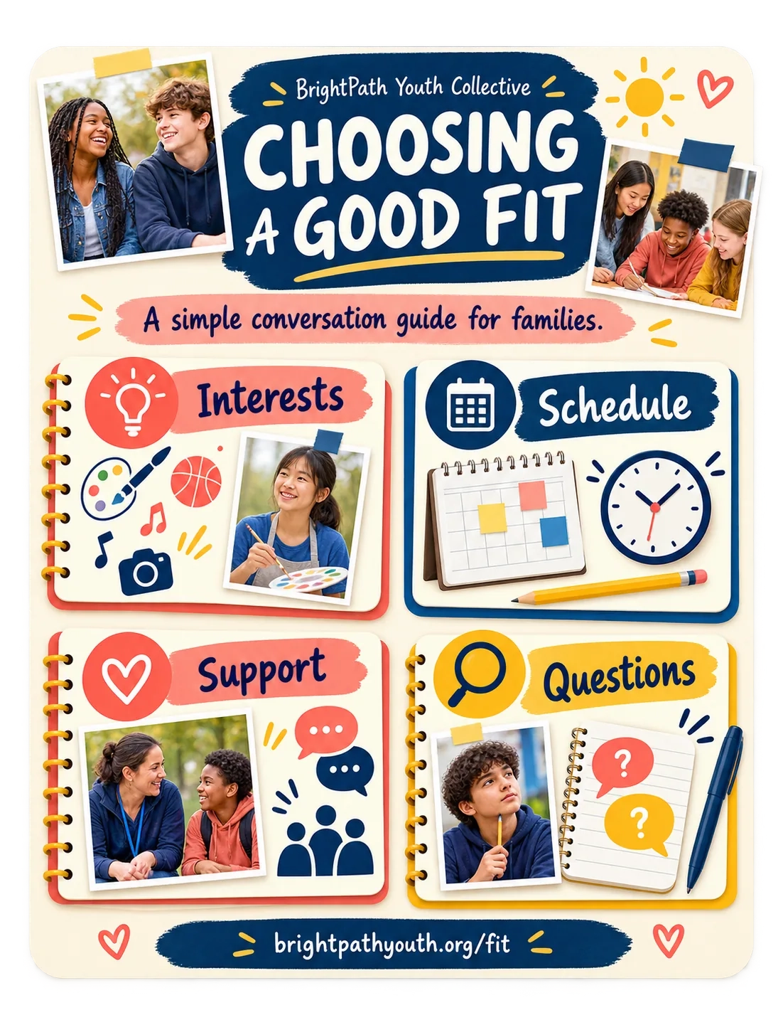 Parent decision guide: choosing a good fit, a simple conversation guide for families; interests, schedule, support, questions; the fit page’s address.