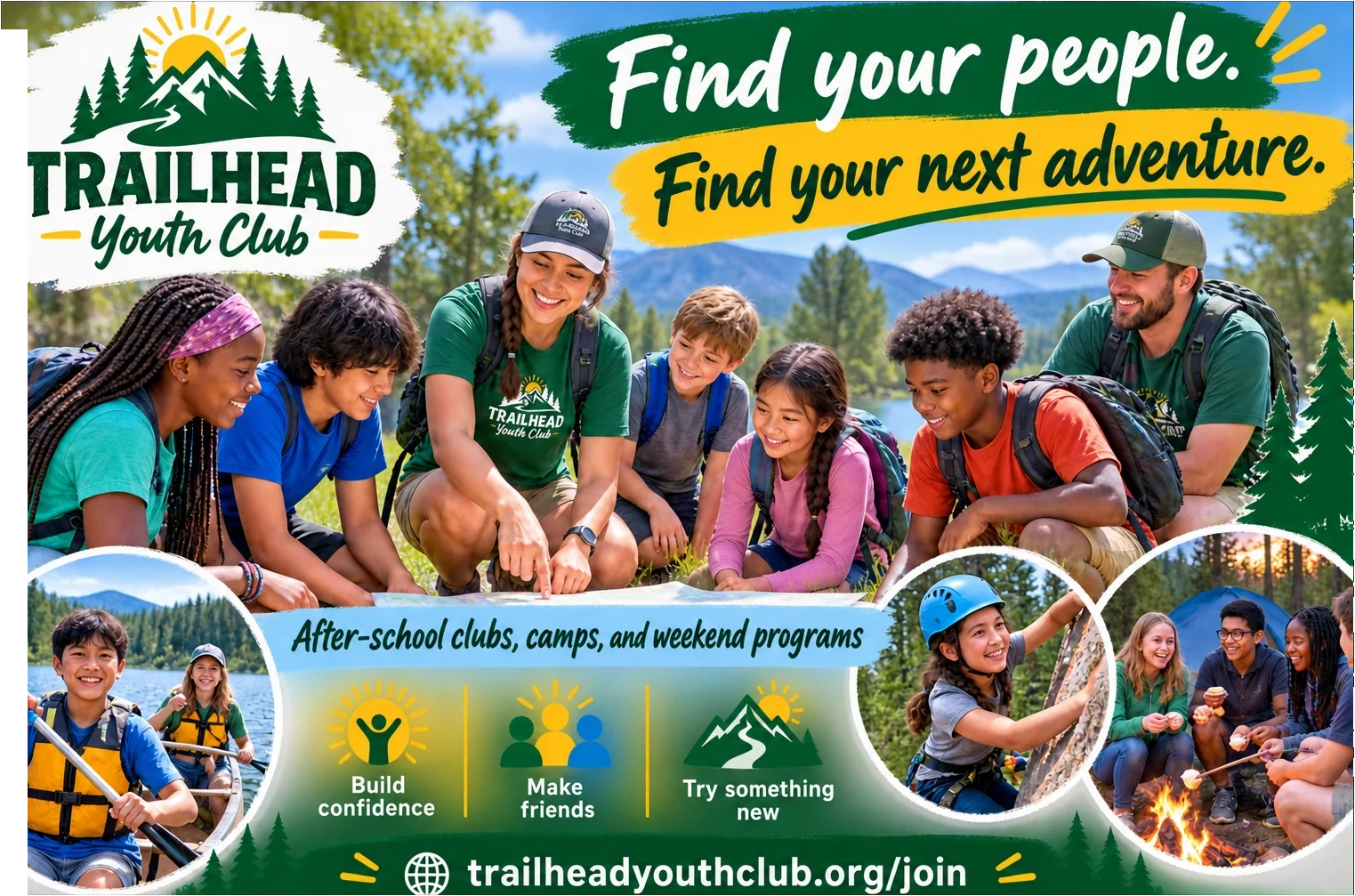 Recruitment postcard: find your people, find your next adventure; after-school clubs, camps and weekend programs; build confidence, make friends, try something new; the club’s join page address.